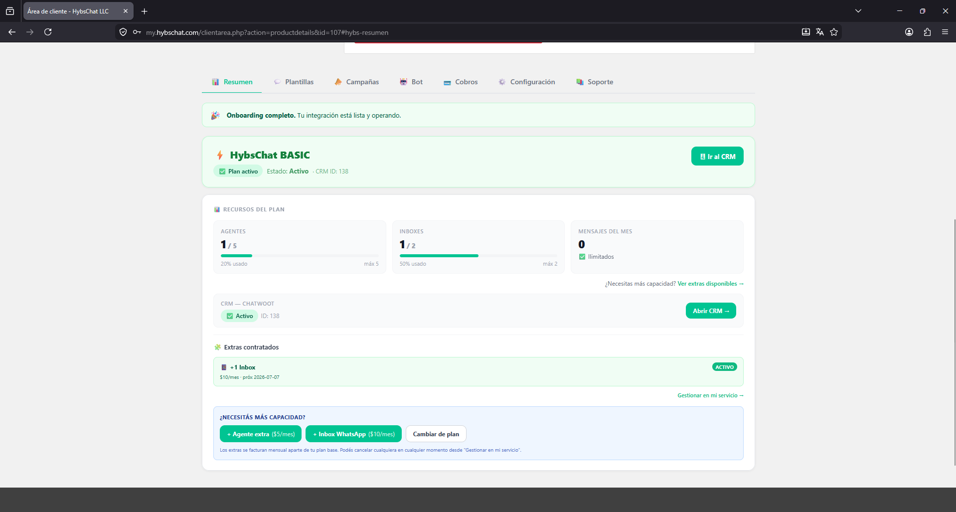 Panel de cliente de HybsChat con la integración lista y operando